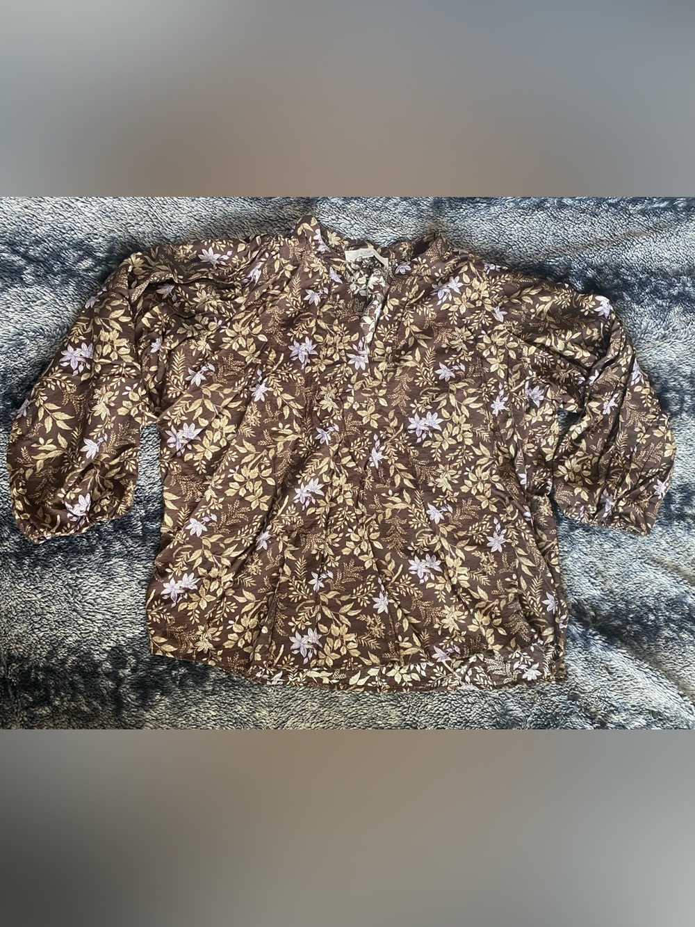 Loft Women’s Medium Brown Floral V-Neck Tunic Long Sleeve Blouse